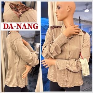 NEW DA-Nang Tan 100% Silk & Bronze Sequin Top Size Small